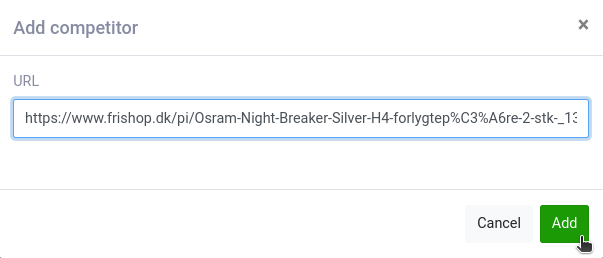 The Add competitor dialog with a competitor's product URL and the Add button