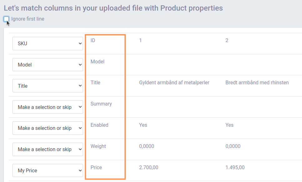Column mapping for the CSV import with the Ignore first line checkbox