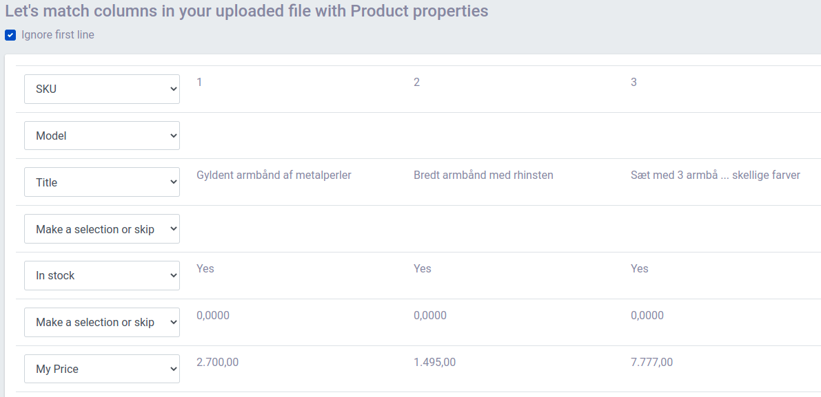 Column mapping with SKU, Title, In stock and My Price selected and two columns skipped