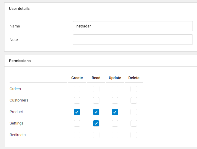 DanDomain user details with Create, Read and Update permissions for Product