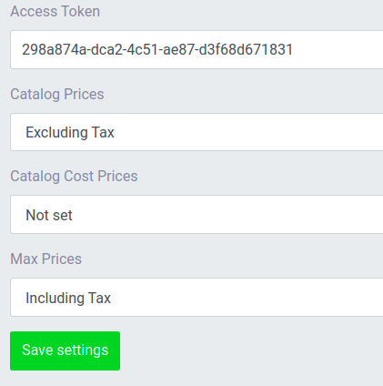 NetRadar.io integration settings with Access Token, Catalog Prices, Catalog Cost Prices and Max Prices