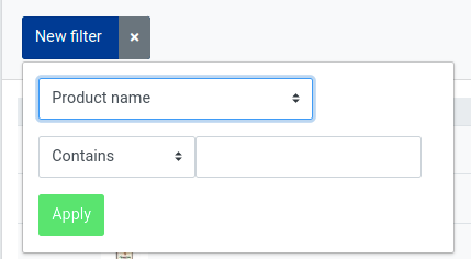New filter with Product name and Contains selected