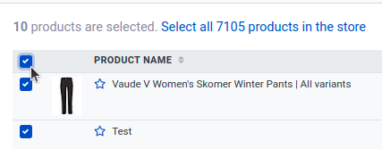 All products on the page selected, with the link Select all products in the store