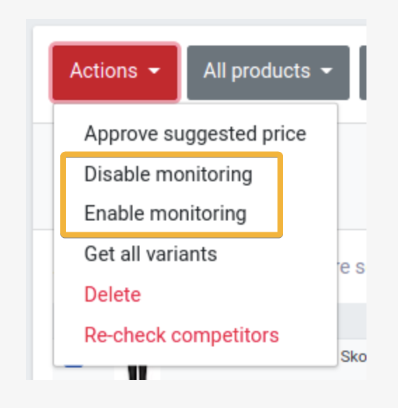 The Actions menu with Disable monitoring and Enable monitoring highlighted