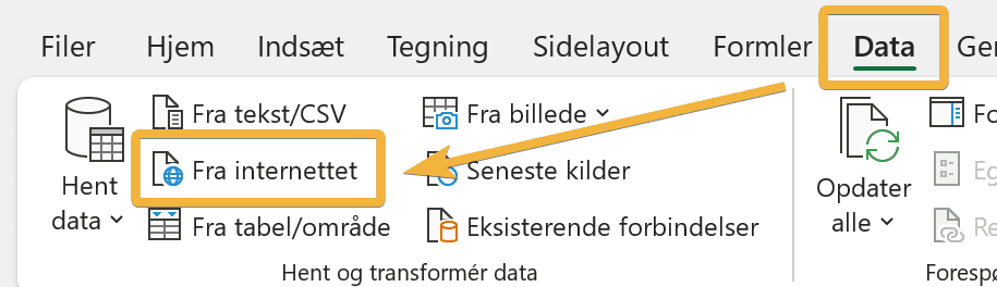 Excel's Data tab with From Web highlighted (Danish Excel)