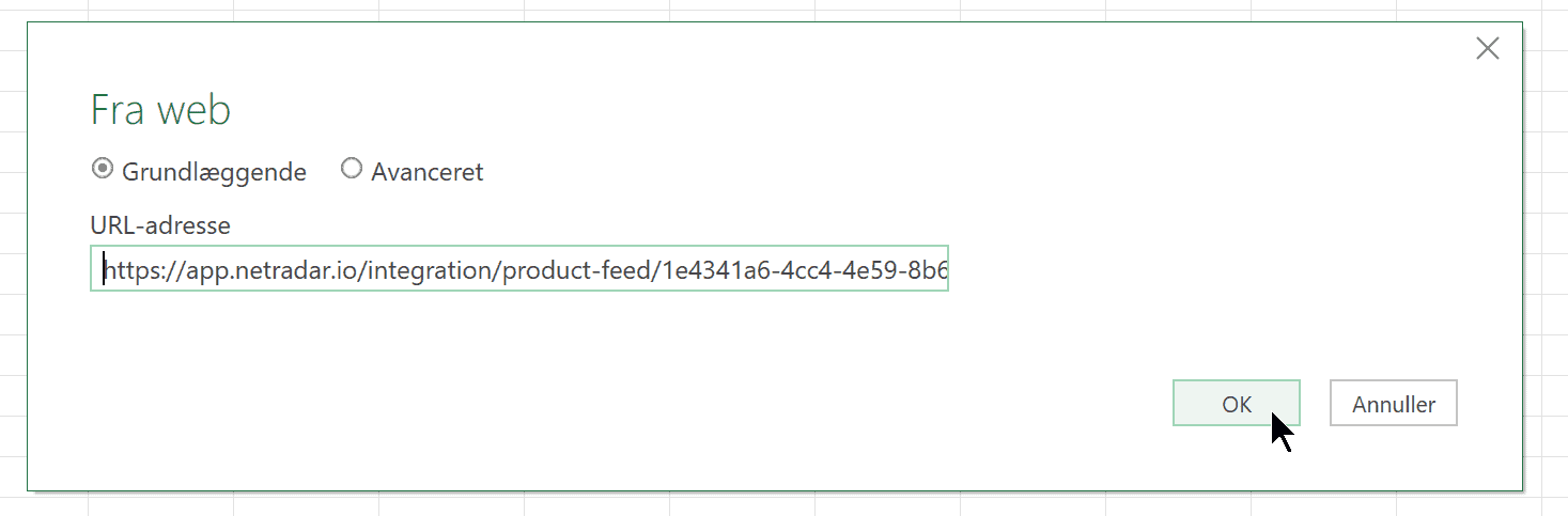 Excel's From Web dialog with the NetRadar.io web address pasted