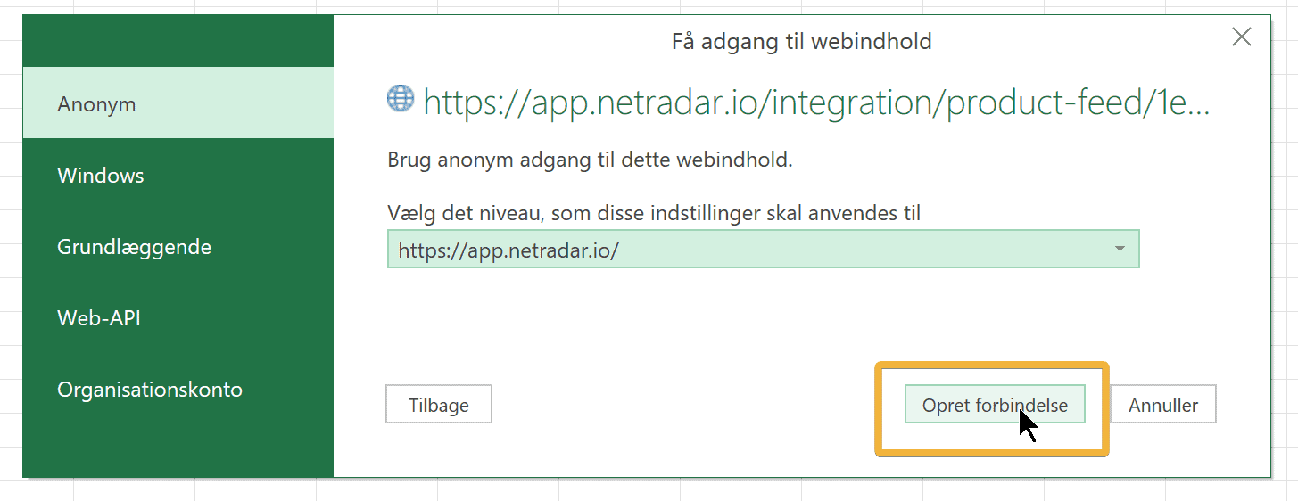 Excel's web content access dialog with the Connect button highlighted