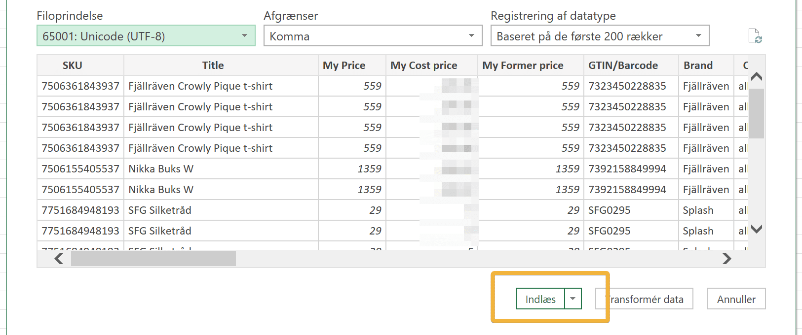 Excel's data preview with the Load button highlighted