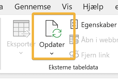 Excel's Refresh button under Table Data (Danish Excel)