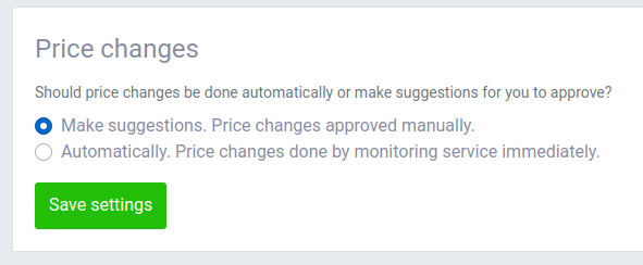 Repricing rule setting Price changes with Make suggestions. Price changes approved manually selected