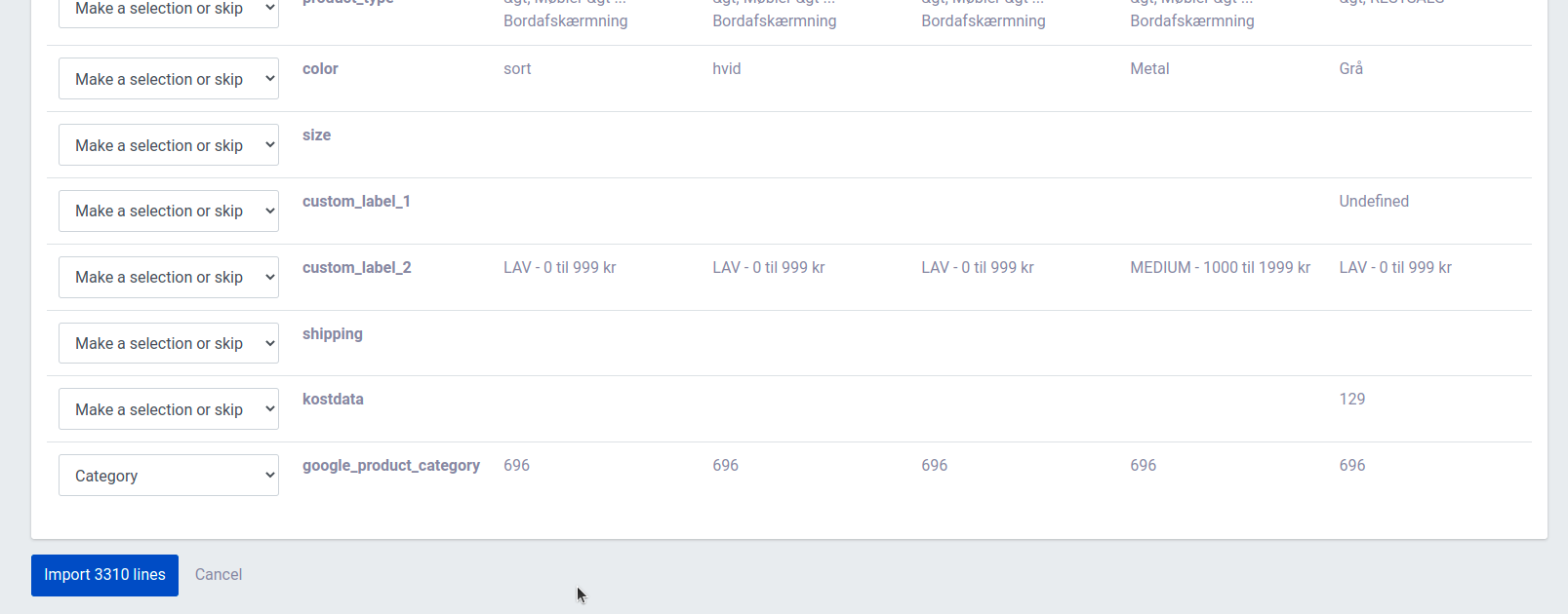 Column mapping for the feed import with drop-downs for each field in the feed