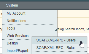 Magento menu System → Web Services → SOAP/XML-RPC - Users