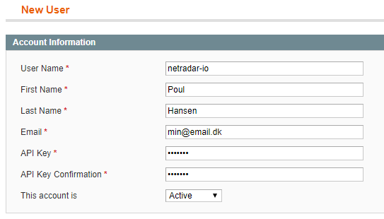 New User form with user name, first name, last name, e-mail and API key