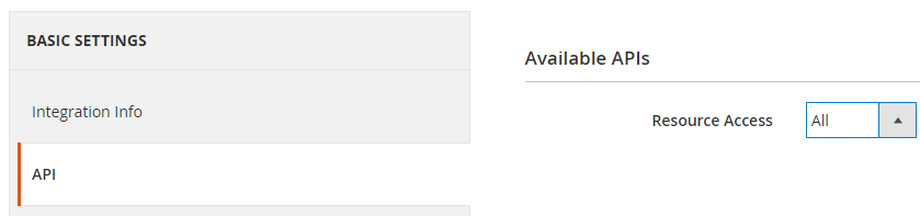 Magento integration settings with the API tab and Resource Access set to All