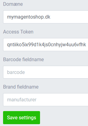 NetRadar.io Magento settings with domain, Access Token, Barcode fieldname and Brand fieldname