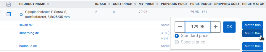 Expanded product with competitors, the Match this buttons and the price dialog with Standard price and Special price