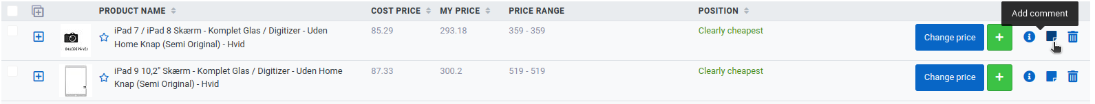 The Add comment icon on the far right of a product in the list
