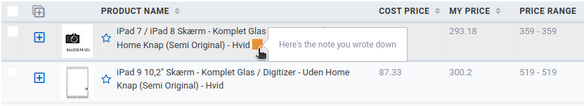 Note icon next to a product title with the note shown on hover