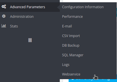 PrestaShop admin menu with Advanced Parameters → Webservice selected