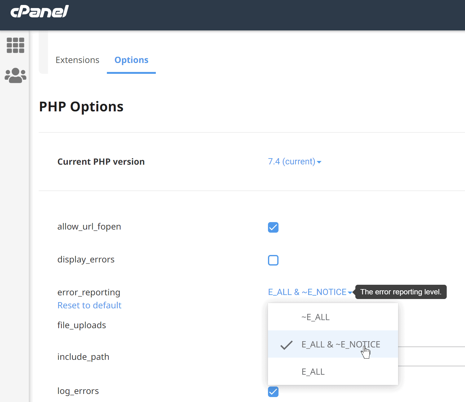 cPanel PHP Options with PHP version 7.4 and error_reporting set to E_ALL & ~E_NOTICE