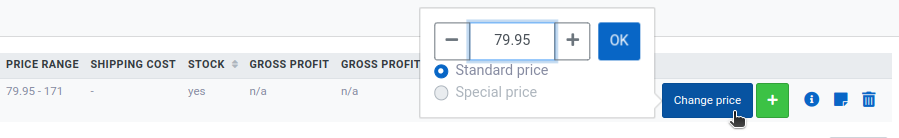 The Change price dialog with a price field, Standard price and Special price, and the OK button