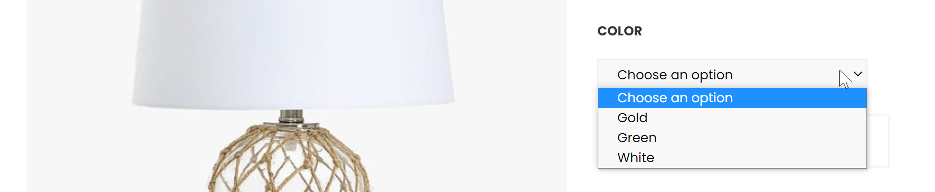 Product page with a colour drop-down offering the variants Gold, Green and White
