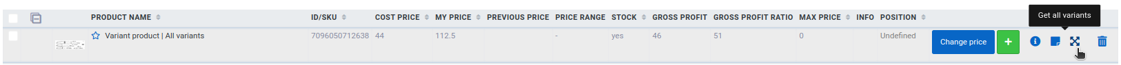 Product row in the list with the Get all variants icon