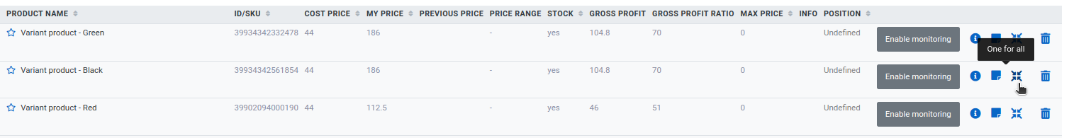 Product list with individual variants and the icon for combining them