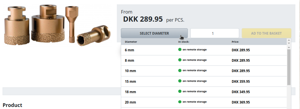 Competitor product page where the price depends on the selected diameter