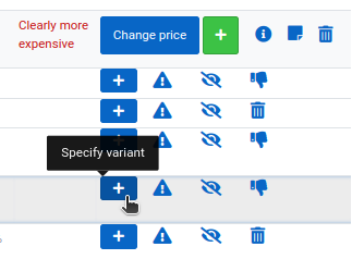 The Specify variant tooltip on the plus icon next to a competitor