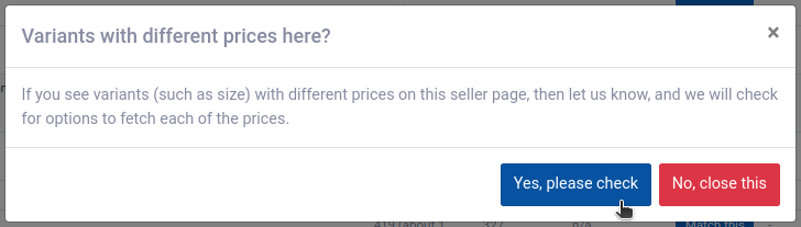 Dialog asking Variants with different prices here? with the buttons Yes, please check and No, close this