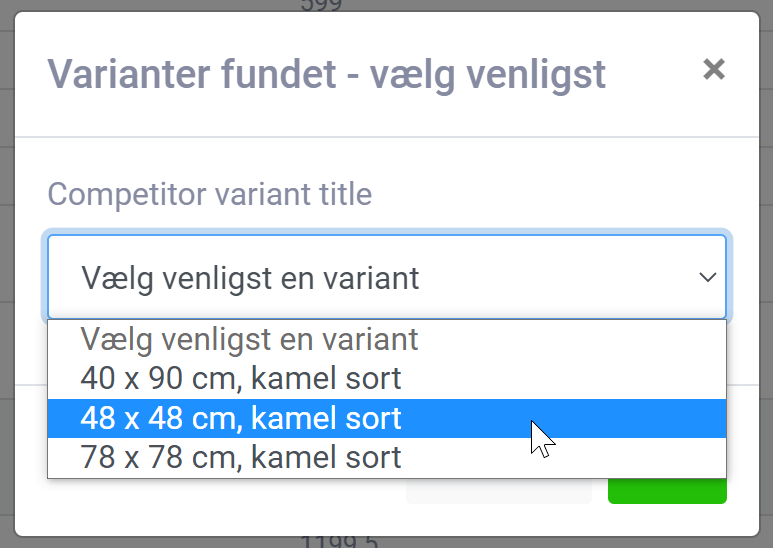The variant drop-down in the Danish interface (Varianter fundet – vælg venligst)