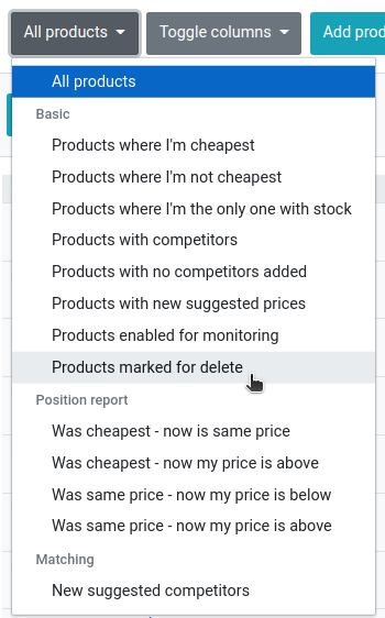 The All products drop-down with Products marked for delete selected