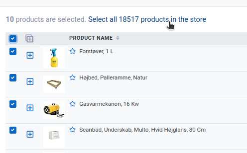 The link Select all products in the store above the selected products
