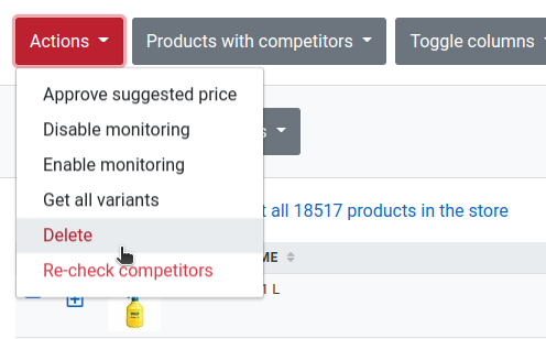 The Actions menu with Delete selected