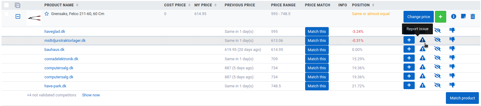 Expanded product with competitors and the Report issue tooltip on the warning icon