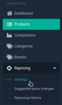 NetRadar.io-menuen med Repricing → Settings valgt