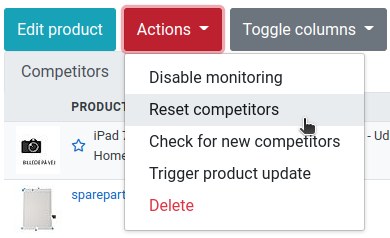 The Actions menu on the product details page with Reset competitors selected