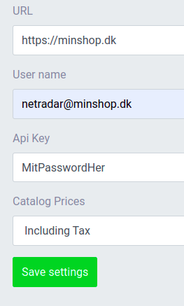 NetRadar.io integration settings with URL, User name, Api Key and Catalog Prices