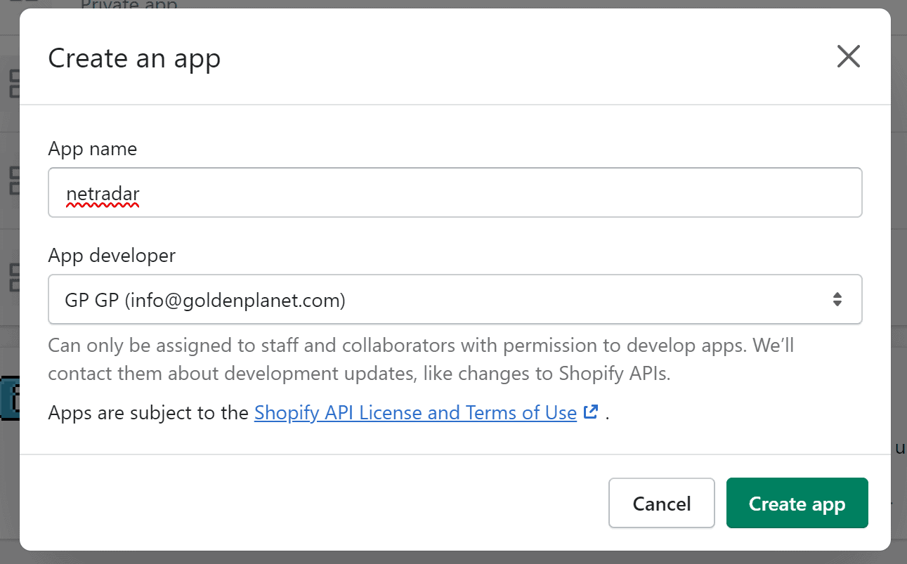 The Create an app dialog in Shopify with app name and app developer