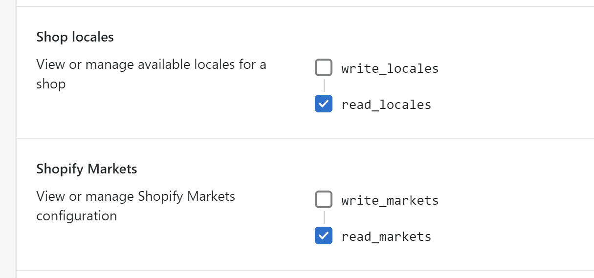 Shop locales and Shopify Markets: read_locales and read_markets selected