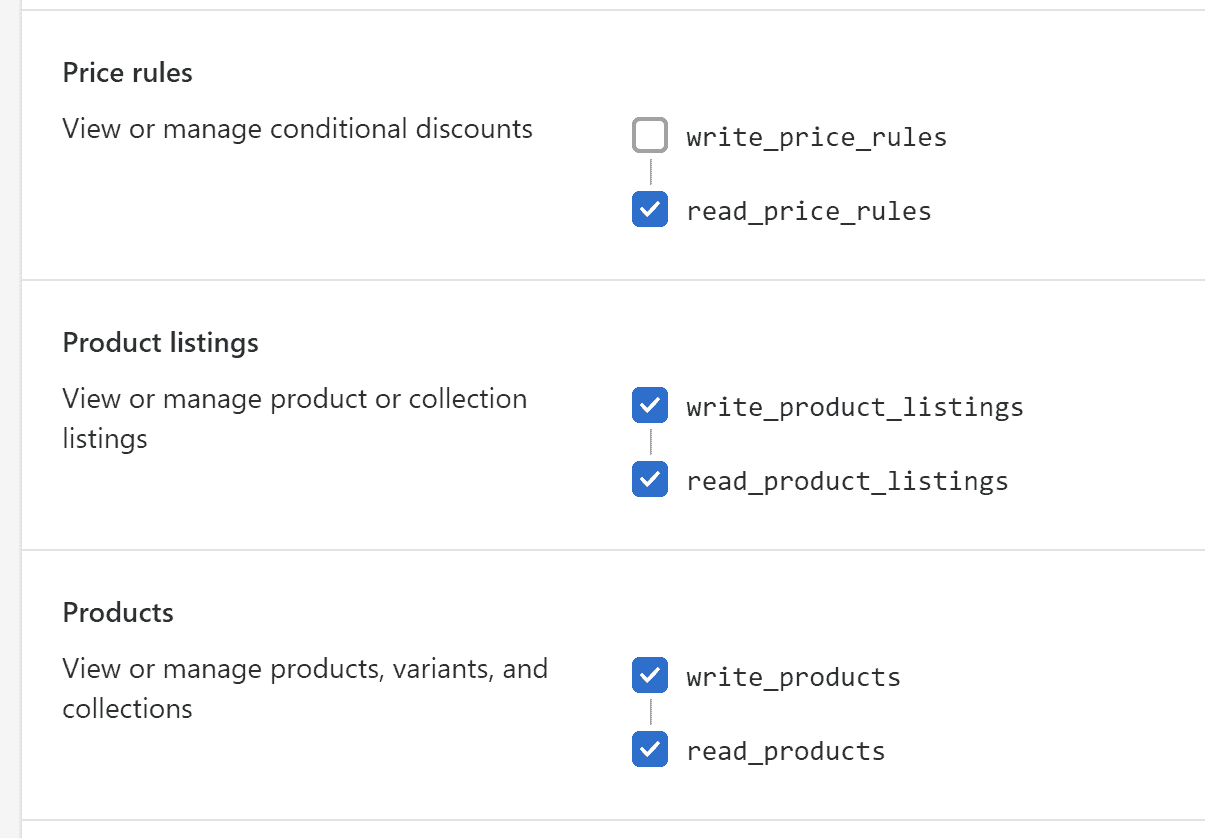 Price rules, product listings and products: read_price_rules, write_product_listings, read_product_listings, write_products and read_products selected
