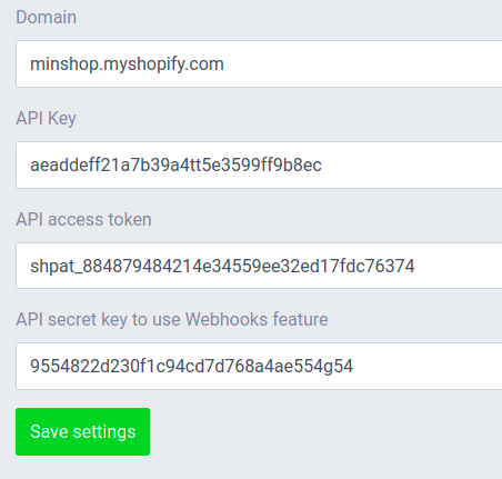 NetRadar.io Shopify settings with Domain, API Key, API access token and API secret key
