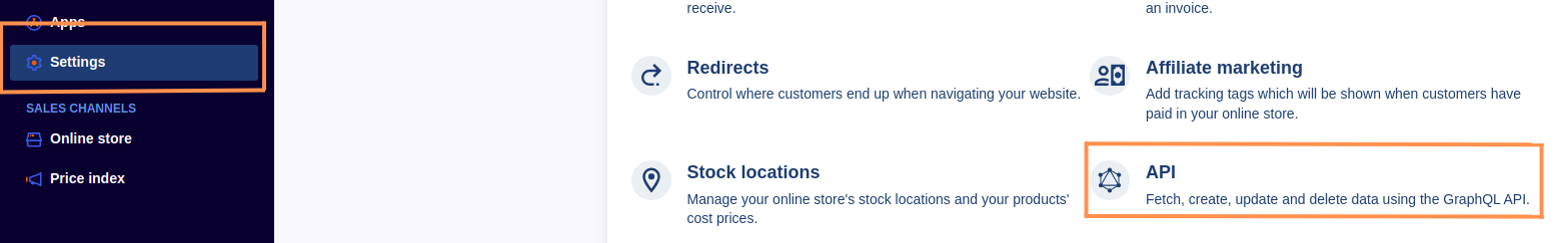 SmartWeb admin with Settings selected and the API tile highlighted
