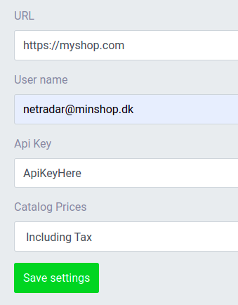 NetRadar.io SmartWeb settings with URL, User name, Api Key and Catalog Prices