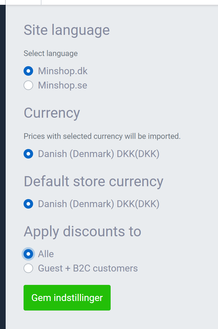 SmartWeb integration options for site language, currency, default store currency and who discounts apply to
