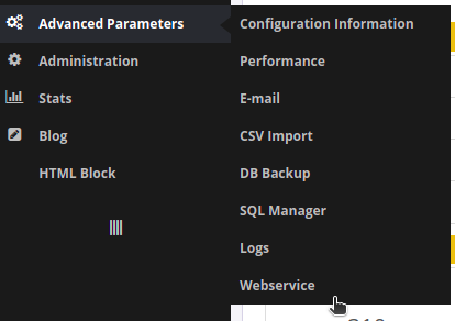 thirty bees admin menu with Advanced Parameters → Webservice selected