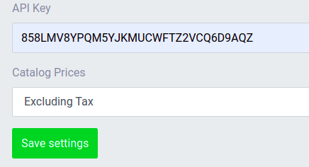 NetRadar.io integration settings with the API key, Catalog Prices set to Excluding Tax and the Save settings button
