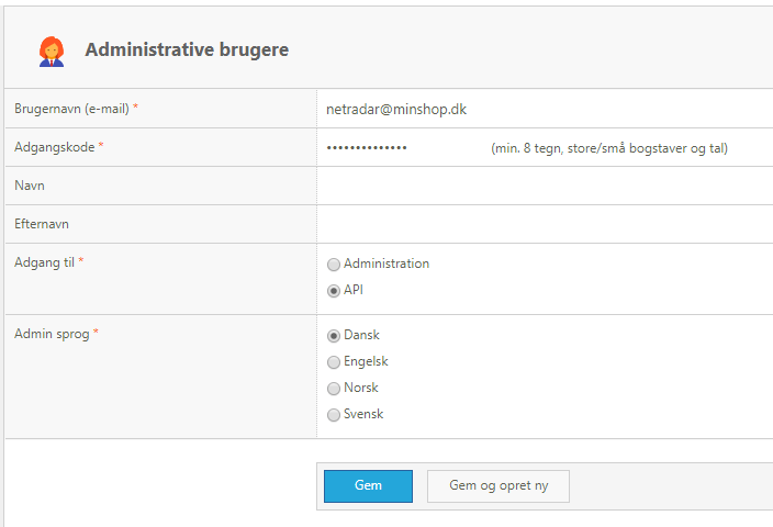 Form for a new administrative user with an e-mail address, password and access set to API