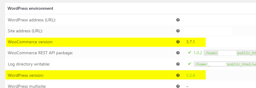 WooCommerce status page with the WooCommerce version and WordPress version highlighted